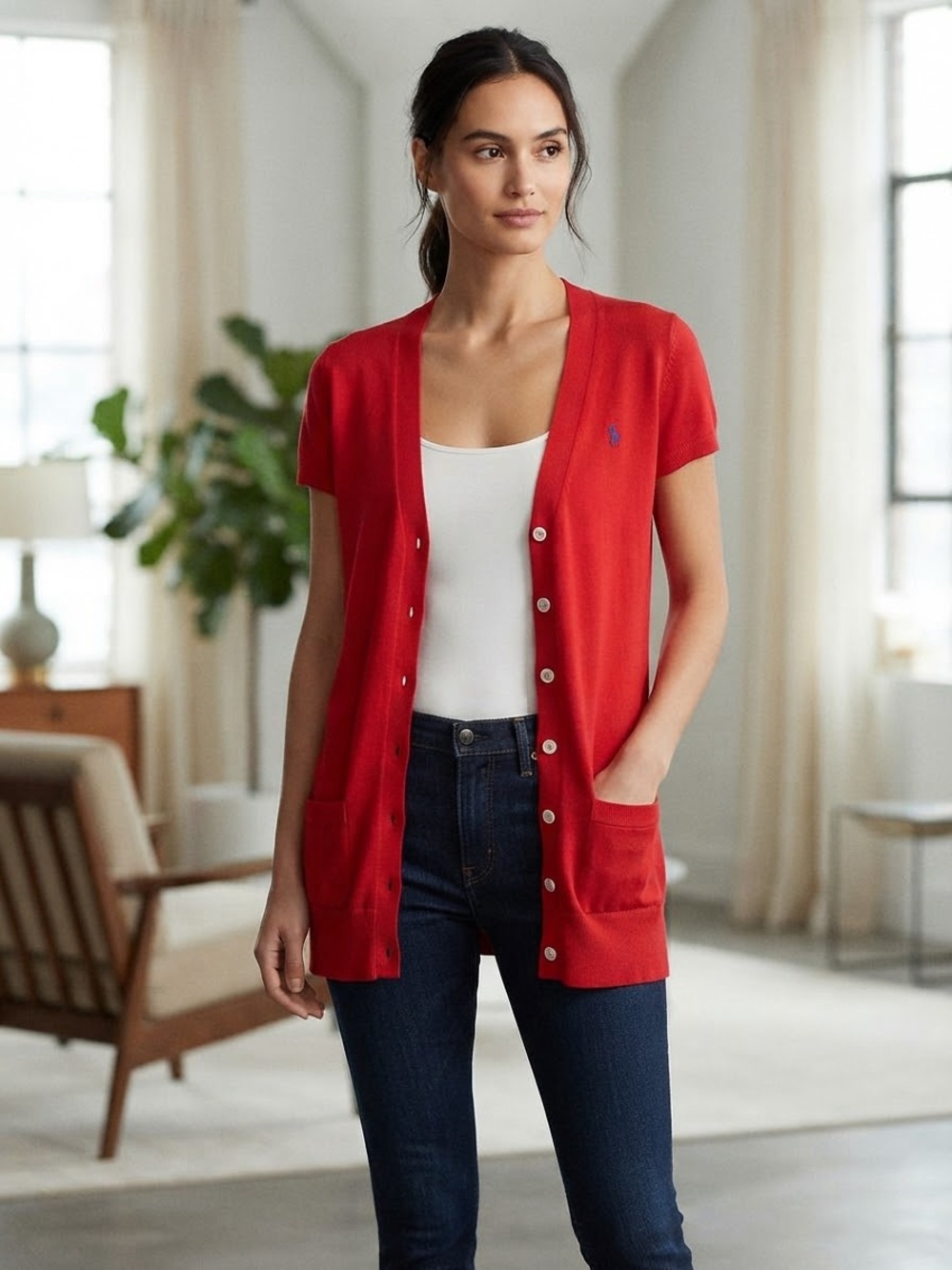 Ralph Lauren Pima Cotton Red Short Sleeve Button Cardigan